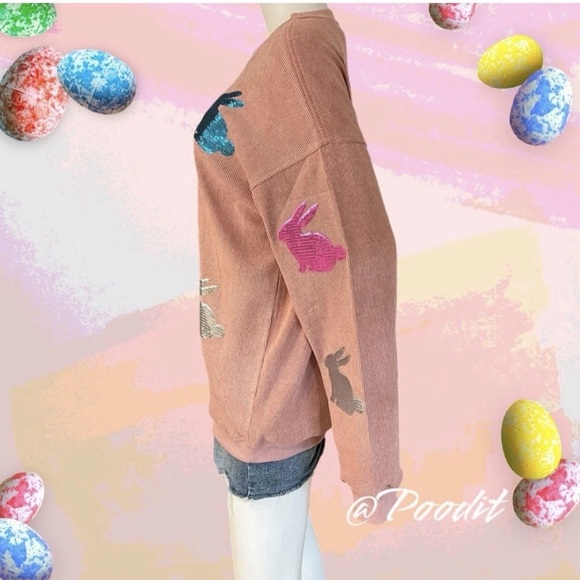 Sequin bunny corded thermal texture Easter holiday pullover S L 3XL - Picture 4 of 5